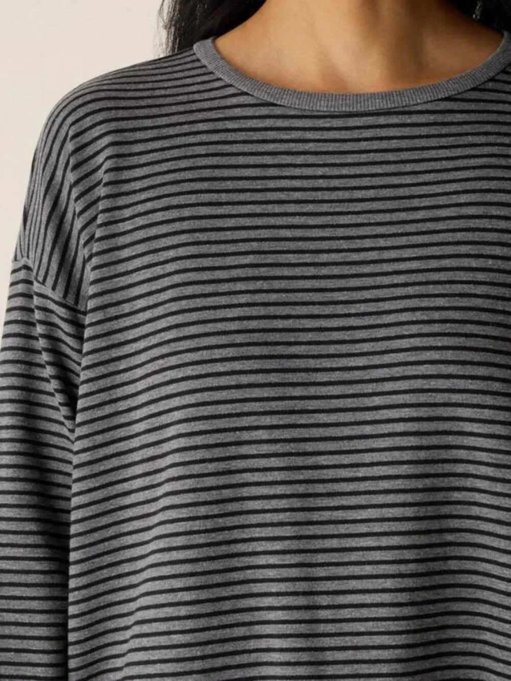 NWT Eileen Fisher Striped Cozy Brushed Terry Box Top Gray Black Size L
